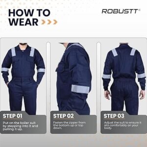 Boiler Suit Blue 225 GSM 100% Cotton with Multiple Pockets Retardant Industrial Workwear with Reflective Tape Protective