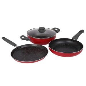 PRESTIGE Omega Granite Non-Stick 3 Pc Cookware Set with Glass Lid 5-Layer Coating Gas & Induction Compatible Omni Tawa 25cm Fry Pan 24cm Kadai 24cm Crimson Red 2Years Warranty Offer Price
