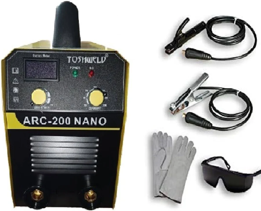 Tosh Weld ARC-200 IGBT Welding Machine 230V 200A Yellow With Black Googles Leather Gloves And 10pcs Welding Rod