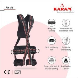 out this item KARAM Full Body Safety Tower Harness for Fall Arrest Rope Access Work & Work Positioning Attachments Adjustable shoulder & Thigh Straps Construction Harness & Fall Protection Gear PN56 Best Offer Price 2300/. Features: Made with high quality polyester & application for fall arrest and work positioning. Its has dorsal, sternal, lateral and ventral type of attachment with adjustable shoulder and thigh straps. Advanced Safety: The Karam Safety Tower Harness incorporates the latest safety innovations, including anintegrated fall arrest system that provides protection against falls, Ergonomic Design: Designed with your comfort in mind, the harness boasts adjustable shoulder, chest, and leg straps which gives comfort in wok in heights.-Friendly: Equipped with user-friendly buckles and connectors, the harness is easy to put on and take off, streamlining your preparation process and saving you valuable time Versatile Application: The Karam Safety Tower Harness is suitable for a wide range of applications, making it an essential addition to your safety gear arsenal.