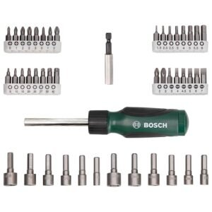 BOSCH 46-Piece Screwdriver Bit Set 46 Pieces - 32 Screwdriver Bits Nut-setters in 12 Sizes Magnetic Universal Holder Rachet Screwdriver Green Hard Case